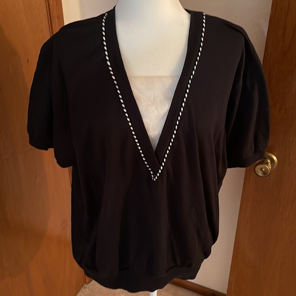 Black V-Neck Shirt with Black & White Detailing - Picture 2 of 9